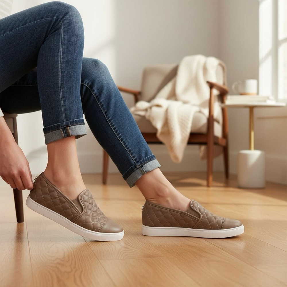 Steve Madden Zaander Women’s Grey Taupe Quilted Slip-On Sneakers Size 8.5M